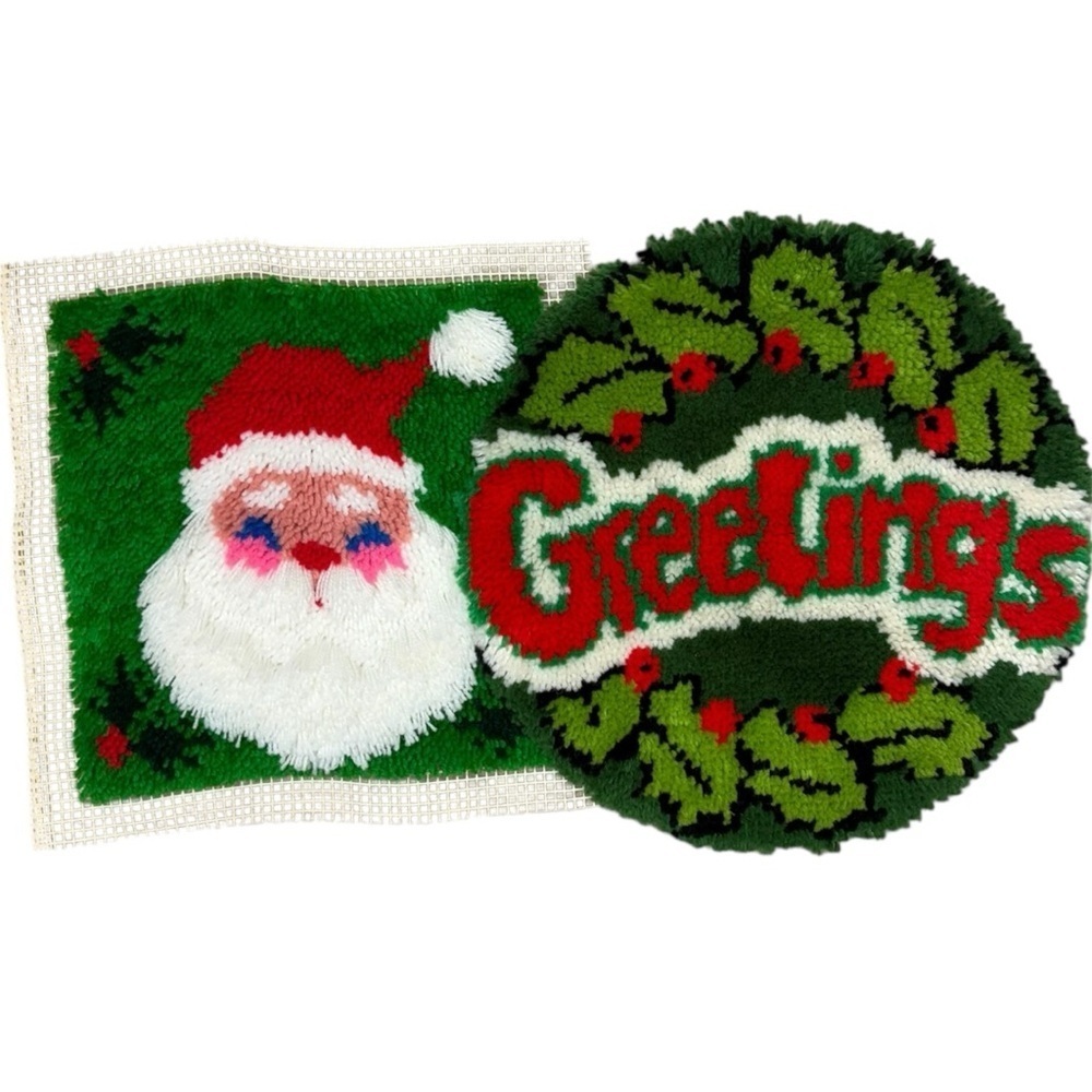 Vintage Christmas Latch Hook Wall Hangings Santa & Greetings Set Eclectic Decor